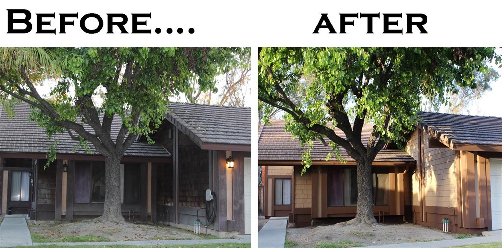 Exterior repaint with trim refresh — before and after