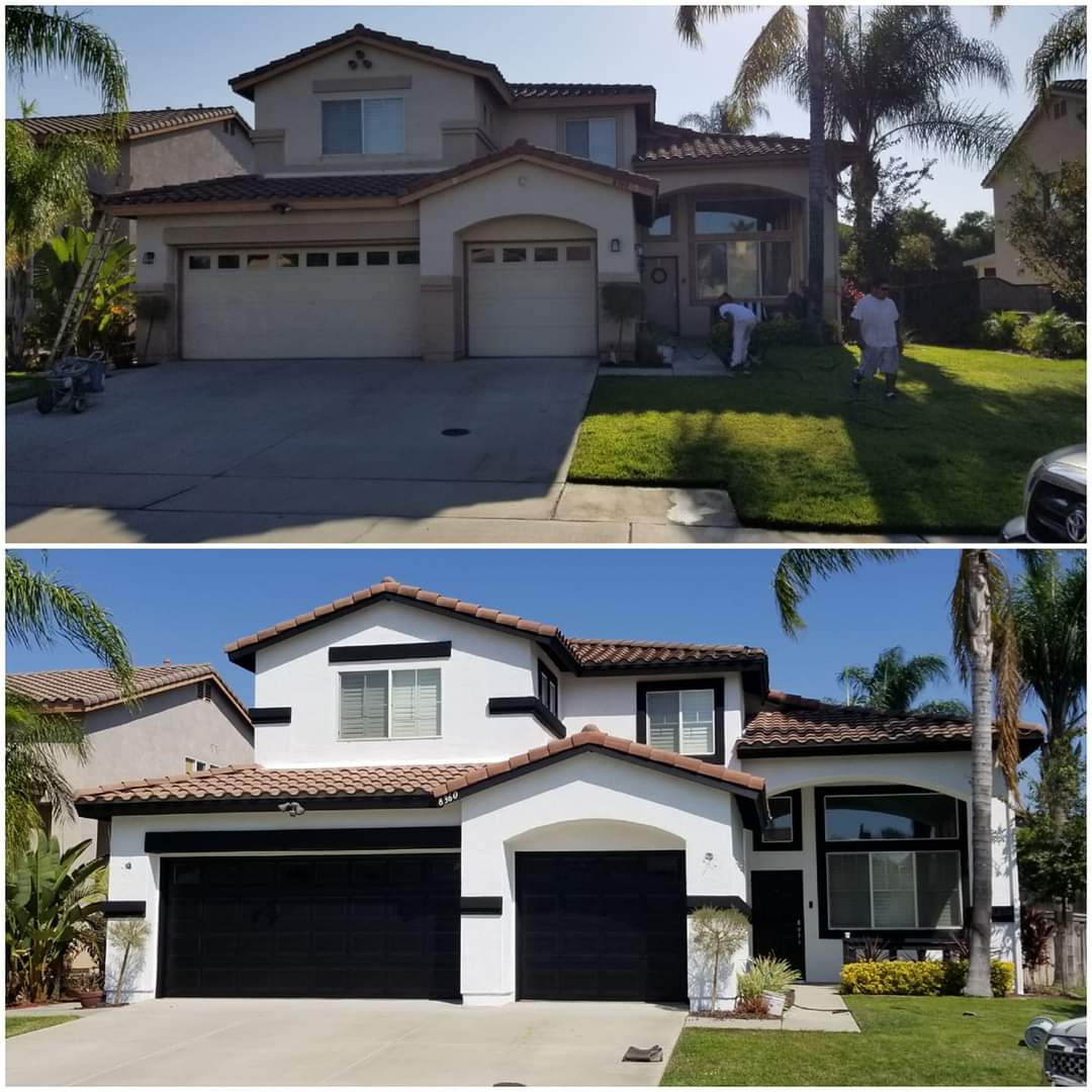 Two-story exterior with black accents — before and after