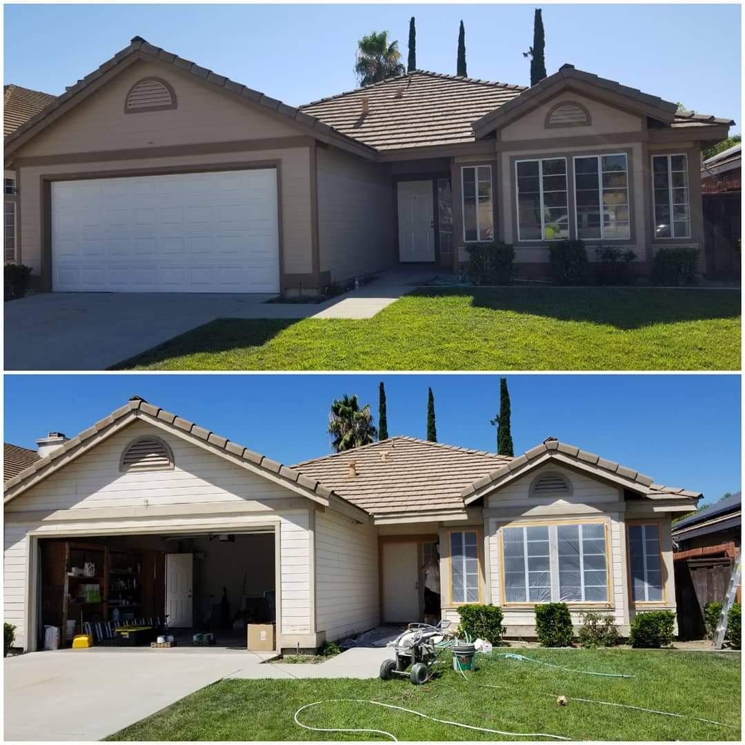 Single-story exterior repaint — before and after